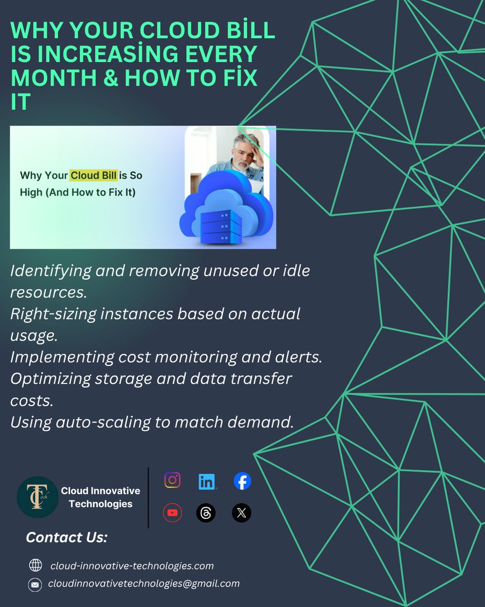 CloudInnovTech's tweet photo. Why Your Cloud Bill Is Increasing &amp; How to Fix It

At Cloud Innovative Technologies, we help organizations control and reduce cloud expenses by using these tips.
Contact us for more details
https://t.co/2GfQtPXxV3
cloudinnovativetechnologies@gmail.com
#CloudComputing https://t.co/ROatWrWF4g