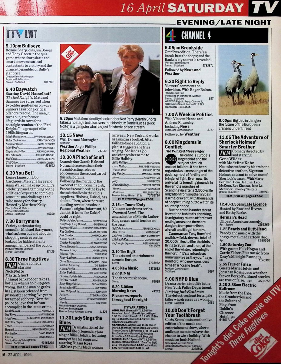 TvDidYouSee's tweet image. #OnThisDay 16 April 1994 📺 TV Listings
Radio Times has an eerily prophetic front cover.
BBC2 celebrates its 30th anniversary with AN EVENING IN WITH DAVID ATTENBOROUGH and various classics.
#KathyBurke takes over C4 with LATE LICENCE.
Miami Twice in #OnlyFoolsAndHorses.