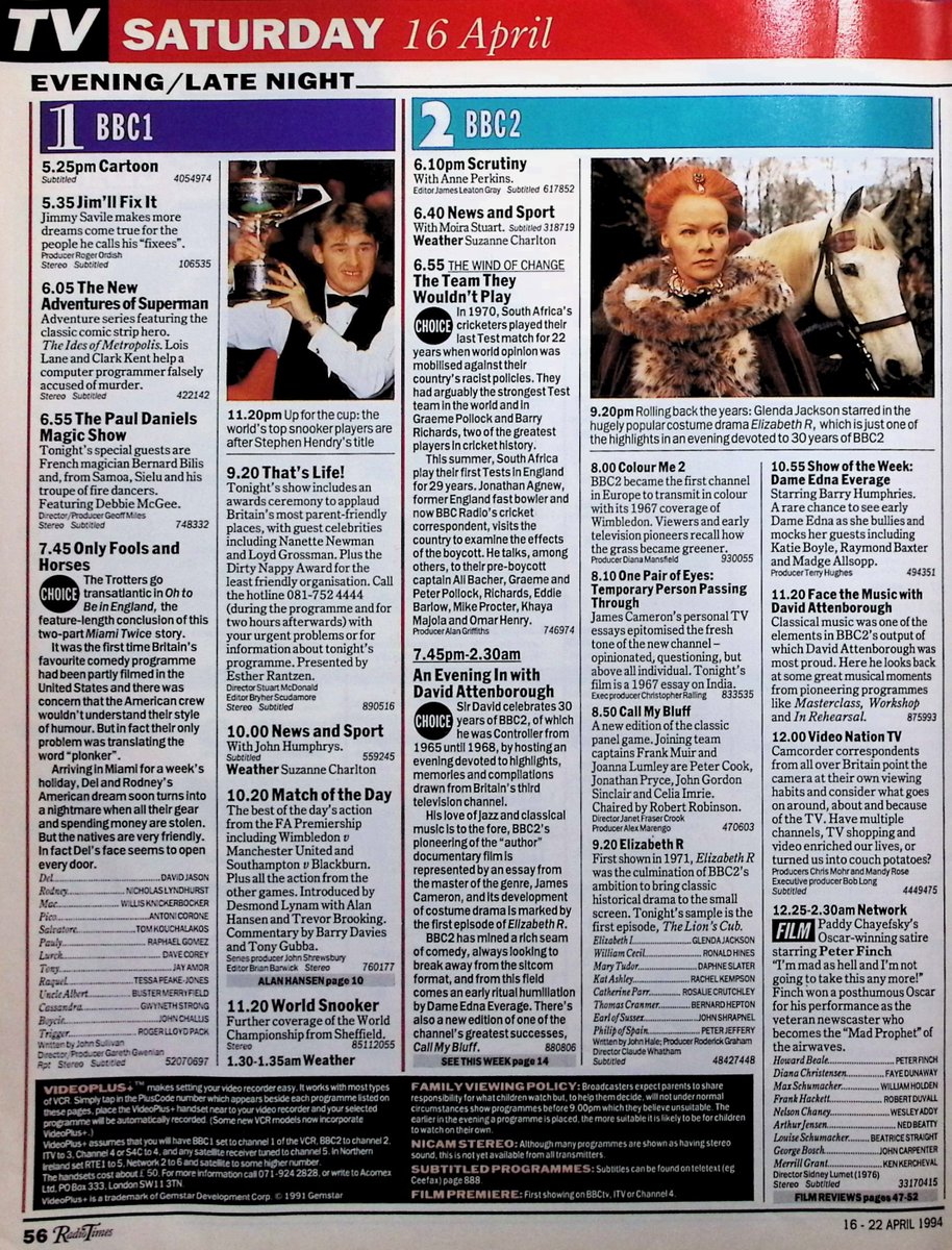TvDidYouSee's tweet image. #OnThisDay 16 April 1994 📺 TV Listings
Radio Times has an eerily prophetic front cover.
BBC2 celebrates its 30th anniversary with AN EVENING IN WITH DAVID ATTENBOROUGH and various classics.
#KathyBurke takes over C4 with LATE LICENCE.
Miami Twice in #OnlyFoolsAndHorses.