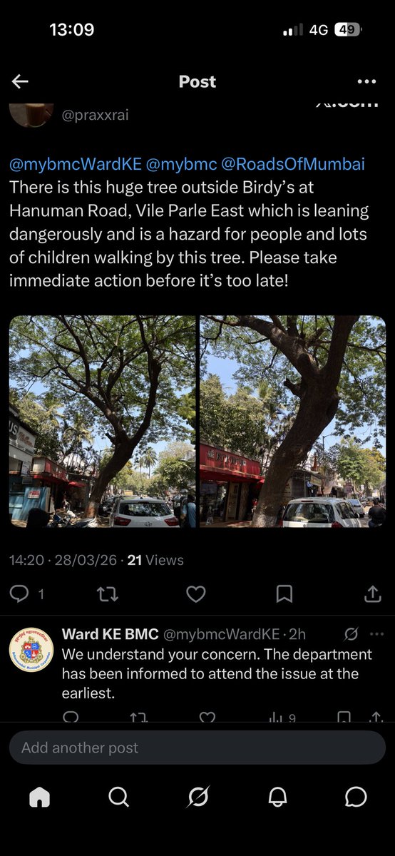 <a href="/mybmcWardKE/">Ward KE BMC</a> I had tweeted for removing the huge tree outside Birdy’s Hanuman Road, Vile Parle East! I live on Hanuman Road and this tree is a huge one and poses a huge hazard to all passersby! Please take action!