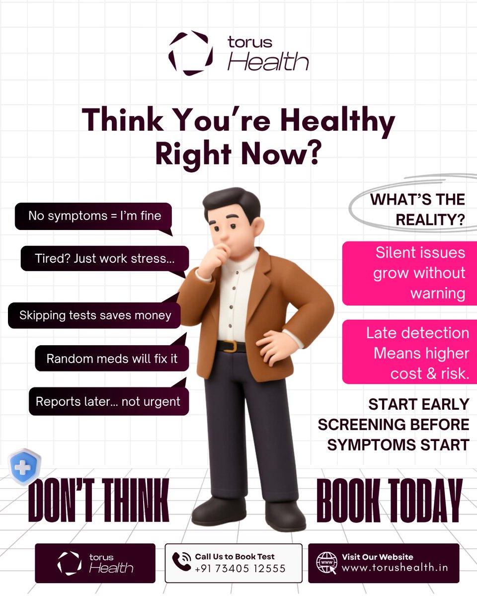HealthTorus's tweet photo. “No symptoms = I’m fine” ❌

Silent issues don’t warn you.
They grow… and get expensive.
Start early screening today.

Book now: https://t.co/Kprz2f5oce
📞 +91 73405 12555

#PreventiveHealthcare #HealthCheck #EarlyDetection #HealthcareIndia https://t.co/RYPVEuc2o4