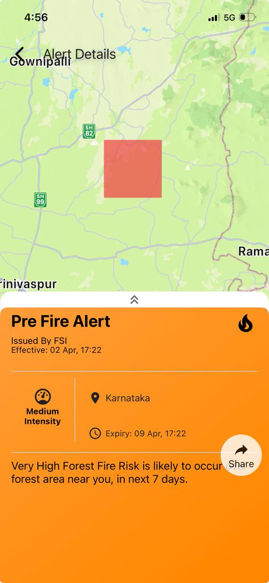 KarnatakaSNDMC's tweet image. #ಕಾಡ್ಗಿಚ್ಚು ಮುನ್ನೆಚ್ಚರಿಕೆ:
#Pre #Fire #Alert:  
Very High Forest Fire Risk is likely to occur over forest area near you, in next 7 days.
Issued by : FSI
Issued on : 02 Apr, 17:22
Validity Time : 09 Apr, 17:22
Alert generated through CAP-SACHET.
@DCChikkabalapur 
@depcomkolar