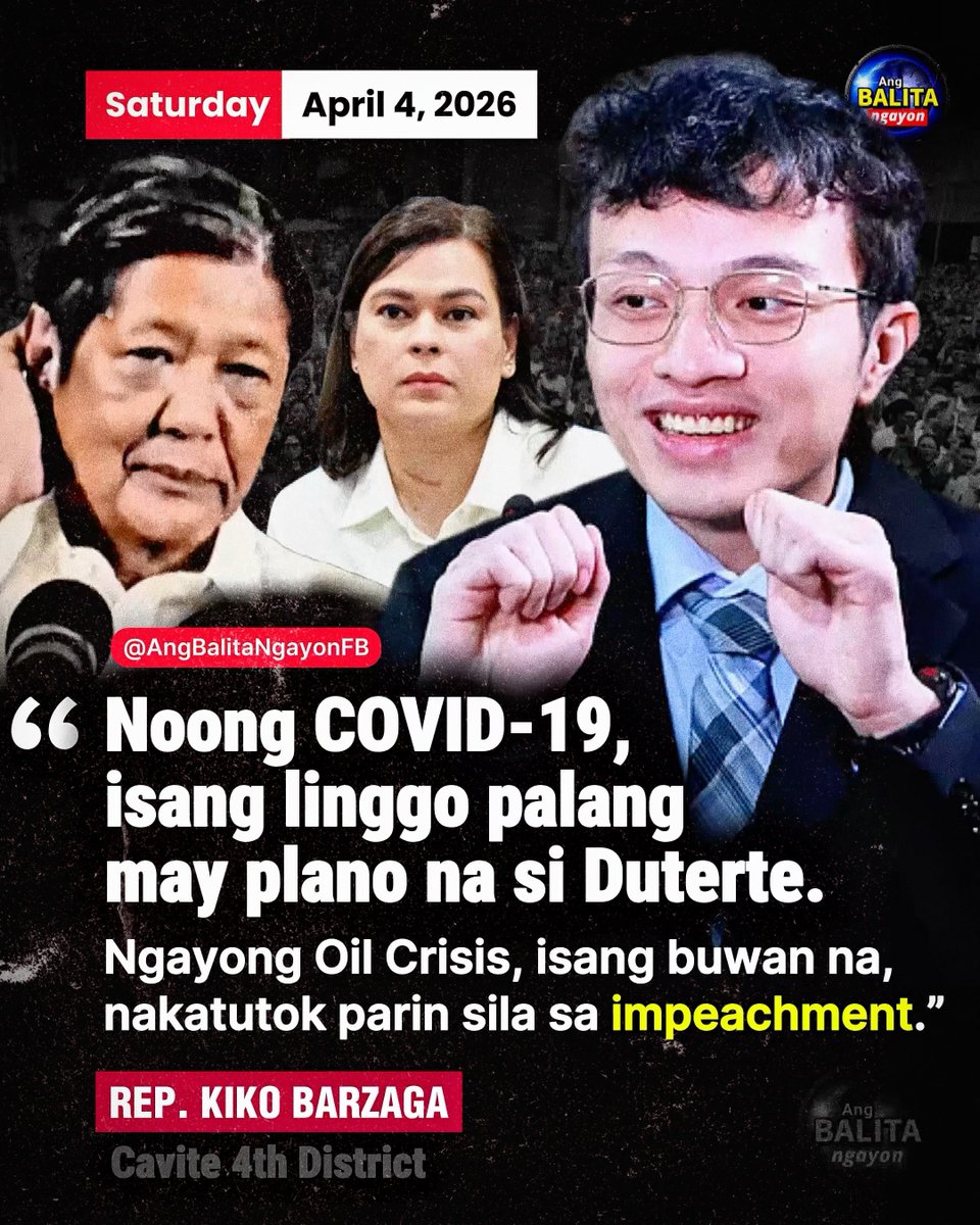 BalitaNgayonFB's tweet photo. “ISANG BUWAN NA, IMPEACHMENT PA RIN?”
Umani ng reaksyon sa social media ang panibagong banat ni Cavite 4th District Rep. Kiko Barzaga laban sa kasalukuyang administrasyon, kasabay ng patuloy na pagtaas ng presyo ng langis sa bansa.
Sa kanyang pahayag, ikinumpara ni Barzaga ang naging tugon ng pamahalaan noong panahon ng COVID-19 sa kasalukuyang oil crisis:
“Noong COVID-19, isang linggo palang may plano na si Duterte. Ngayong Oil Crisis, isang buwan na, nakatutok parin sila sa impeachment 😹😹😹”
Dumating ang pahayag sa gitna ng patuloy na pagtaas ng presyo ng diesel at gasolina, na dulot ng tensyon sa Middle East—lalo na sa Strait of H0rmuz, isang kritikal na ruta ng global oil supply.
May mga ulat pa na posibleng umabot sa napakataas na presyo ang diesel sa mga susunod na linggo, bagay na direktang nagpapahirap sa transport sector at karaniwang mamamayan.
Ang tinutukoy ni Barzaga ay ang nagpapatuloy na impeachment proceedings laban kay Vice President Sara Duterte sa Kamara, na ayon sa ilang kritiko ay umaagaw umano ng atensyon mula sa mas agarang isyu tulad ng oil crisis at inflation.