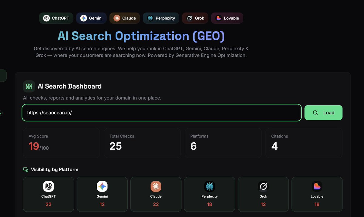 SeaOceanIO's tweet photo. Your customers are searching in ChatGPT, not Google.
But you have no idea if your brand shows up.

We built a free tool that checks your visibility across:
→ @OpenAI 
→ @claudeai 
→ @Gemini 
→ @perplexity_ai 
→ @grok 

It's called GEO — Generative Engine Optimization.

Check your AI Search score: https://t.co/aJQExraCEI