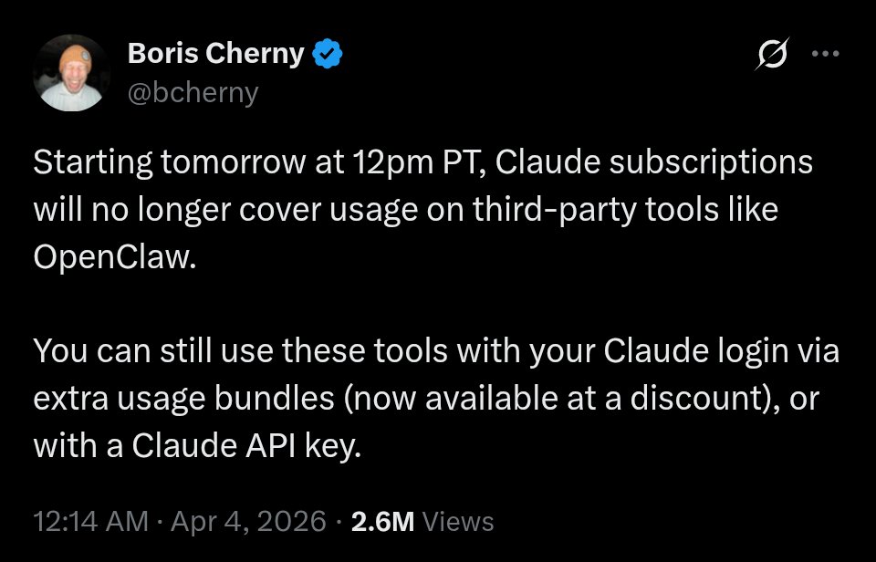 Anthropic cuts Claude subscription access for third-party harnesses in Apr. 4 rollout
