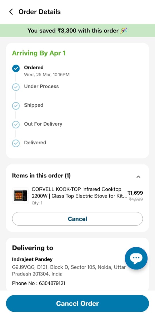 Dear Team,
<a href="/JioMart_Support/">JioMart Support</a>
<a href="/JioMart/">JioMart</a>
I had ordered CORVELL KOOK-TOP (Infrared) on 25th of March 2026. The product was to be delivered by 1st April. I didn't received my order till now.
Order ID:- JM69C4111E01C87711F0 
Registered mobile no:- 6304879121
Indrajeet Pandey