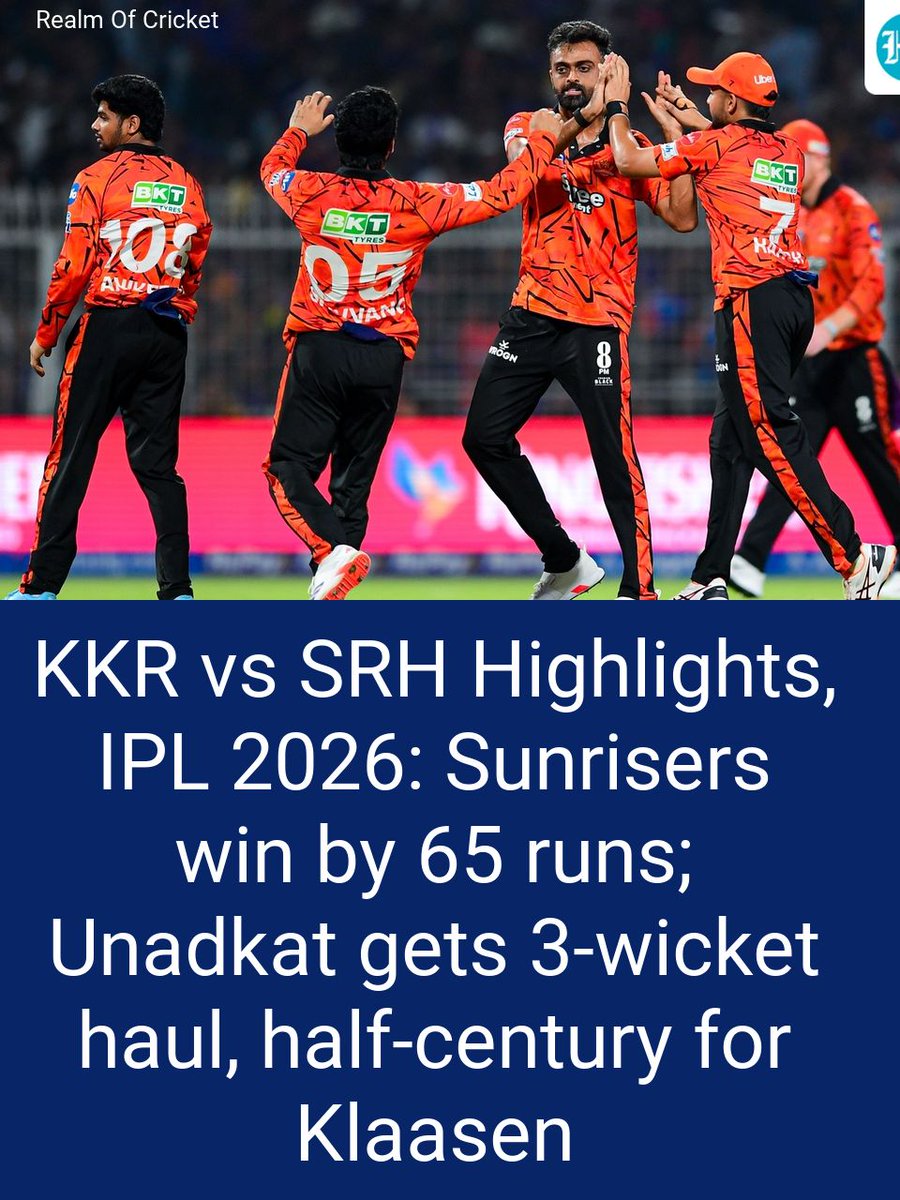 Kolkata Knight Riders lose to Sunrisers Hyderabad by 65 runs, Jaydev Unadkat takes 3 wickets, Heinrich Klaasen scores 52.

#cricket #cricketnews #cricketnews #cricketfans
