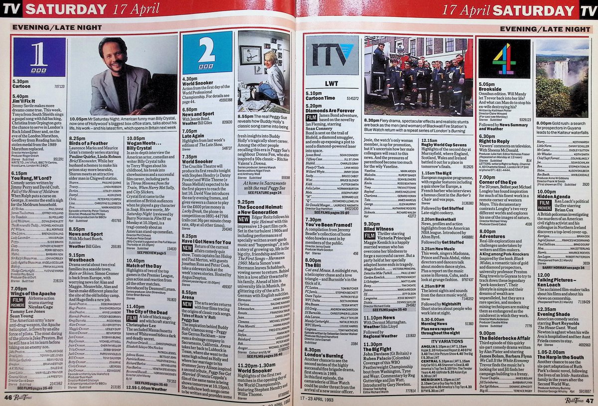 TvDidYouSee's tweet image. #OnThisDay 17 April 1993 📺TV Listings
After 179 episodes, it's the final ever GOING LIVE! 
It seems the end is nigh in YOU RANG, M'LORD.
WOGAN MEETS . . . #BillyCrystal.
#TheBill makes a brief flirtation with Saturday nights on ITV.
WESTBEACH continues.