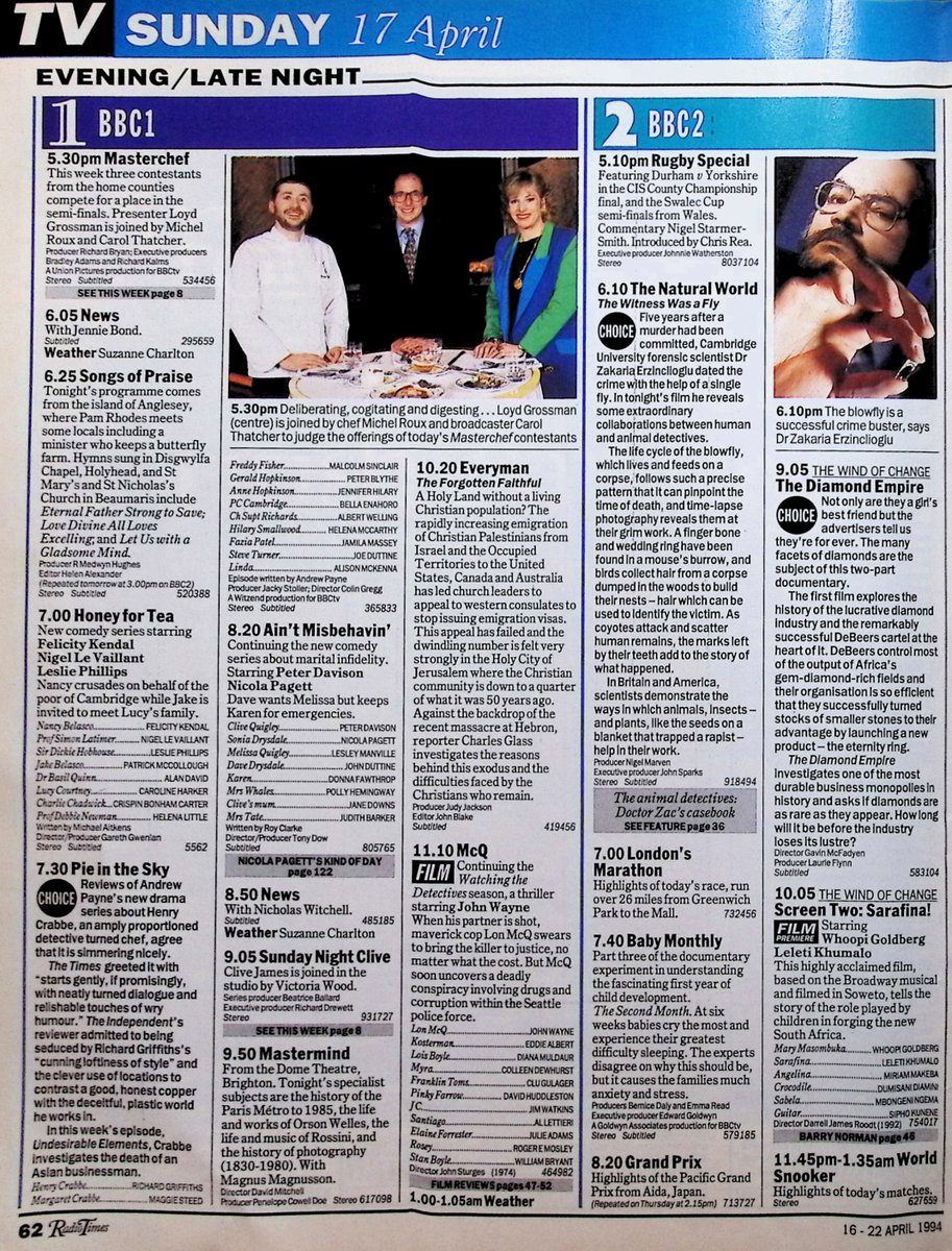 TvDidYouSee's tweet photo. #OnThisDay 17 April 1994 📺TV Listings
"I want big women to be accepted and loved for their size" says #DawnFrench in THE SOUTH BANK SHOW.
#FelicityKendal has HONEY FOR TEA and PIE IN THE SKY is "simmering nicely." 
#VictoriaWood in SUNDAY NIGHT CLIVE.
Drama in THE CINDER PATH. https://t.co/kdehkygm1Z