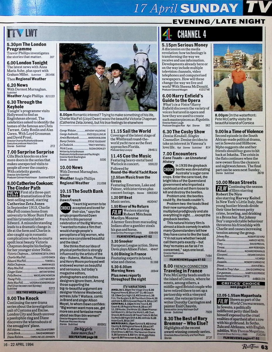 TvDidYouSee's tweet photo. #OnThisDay 17 April 1994 📺TV Listings
"I want big women to be accepted and loved for their size" says #DawnFrench in THE SOUTH BANK SHOW.
#FelicityKendal has HONEY FOR TEA and PIE IN THE SKY is "simmering nicely." 
#VictoriaWood in SUNDAY NIGHT CLIVE.
Drama in THE CINDER PATH. https://t.co/kdehkygm1Z