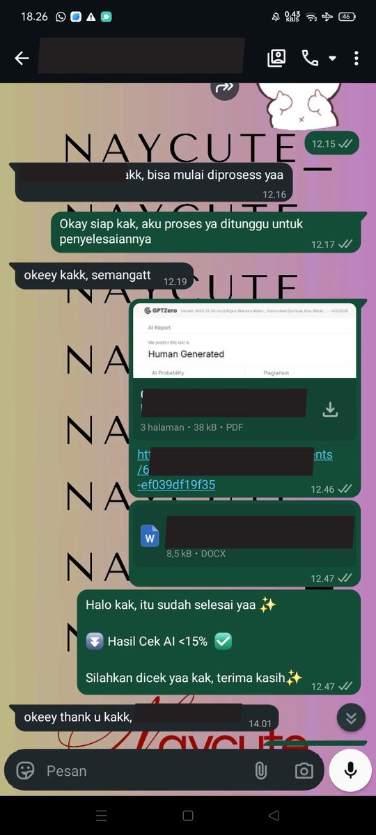 naycute_'s tweet photo. 867. Joki humanize/ parafrase AI dari 100% > 15% ✅
868. Unlock scribd ✅
869. Parafrase manual/turunin persentase turnitin dari 35% > 11% ✅
 #naycutesti #zonaba #zonauang #jokitugas https://t.co/X3l2pItkaG