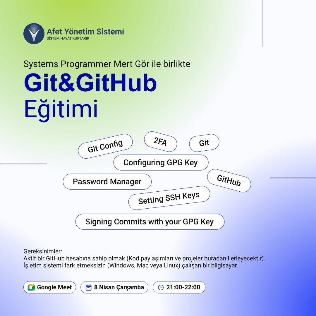 afetyonetims's tweet photo. Git ve GitHub dünyasına ilk adımı birlikte atıyoruz! 🚀

Afet Yönetim Sistemi ekibi olarak düzenlediğimiz bu eğitimde; sürüm kontrolünün temellerini ve projelerinizi düzenli tutmanın yöntemlerini konuşacağız.

📆 8 Nisan Çarşamba | 21:00
✅ Teknik bilgi gerekmez.
⚠️ Sınırlı kontenjan!

Kayıt olmak ve yerinizi ayırtmak için Luma bağlantısına tıklamanız yeterli:
🔗 https://t.co/4JFfPTCCtz