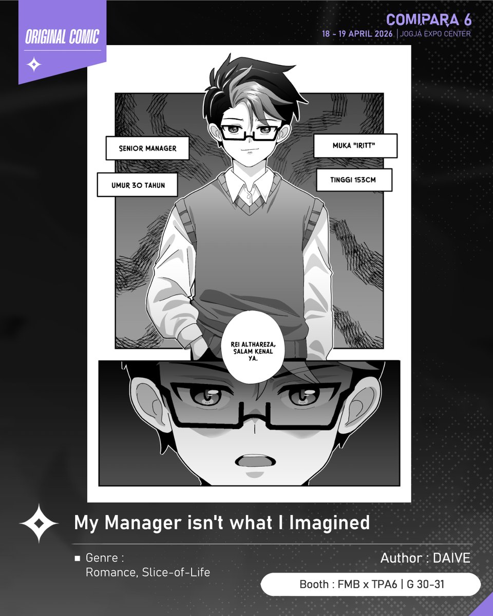 comipara_id's tweet image. [COMIC RAID]
Author: DAIVE
Booth: G 30-31  -  FMB x TPA6

Ada  juga komik karya Kak DAIVE, berjudul "My Manager isn't what I Imagined" yang akan dijual di Comipara 6 besok lho!

Sampai ketemu di venue! ✨

Comipara 6
18-19 April 2026
Jogja Expo Center

#comicraid6