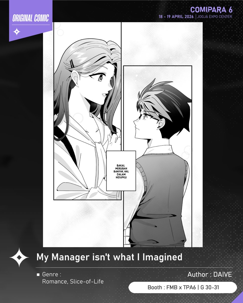 comipara_id's tweet image. [COMIC RAID]
Author: DAIVE
Booth: G 30-31  -  FMB x TPA6

Ada  juga komik karya Kak DAIVE, berjudul "My Manager isn't what I Imagined" yang akan dijual di Comipara 6 besok lho!

Sampai ketemu di venue! ✨

Comipara 6
18-19 April 2026
Jogja Expo Center

#comicraid6