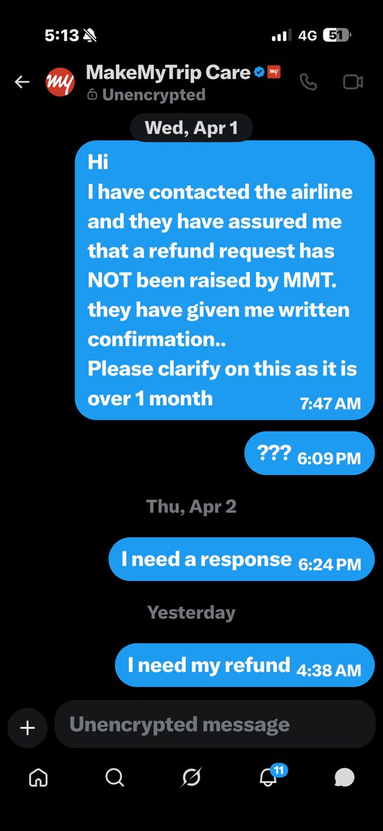 DiveyD1's tweet photo. @makemytripcare @makemytrip  please respond to my refund status. It is impossible to connect with a human agent and your AI bot is pathetic and useless.. please look into this before i go legal.
Booking  ID NN2AJQXI91174663123 https://t.co/nED2ggBUhq