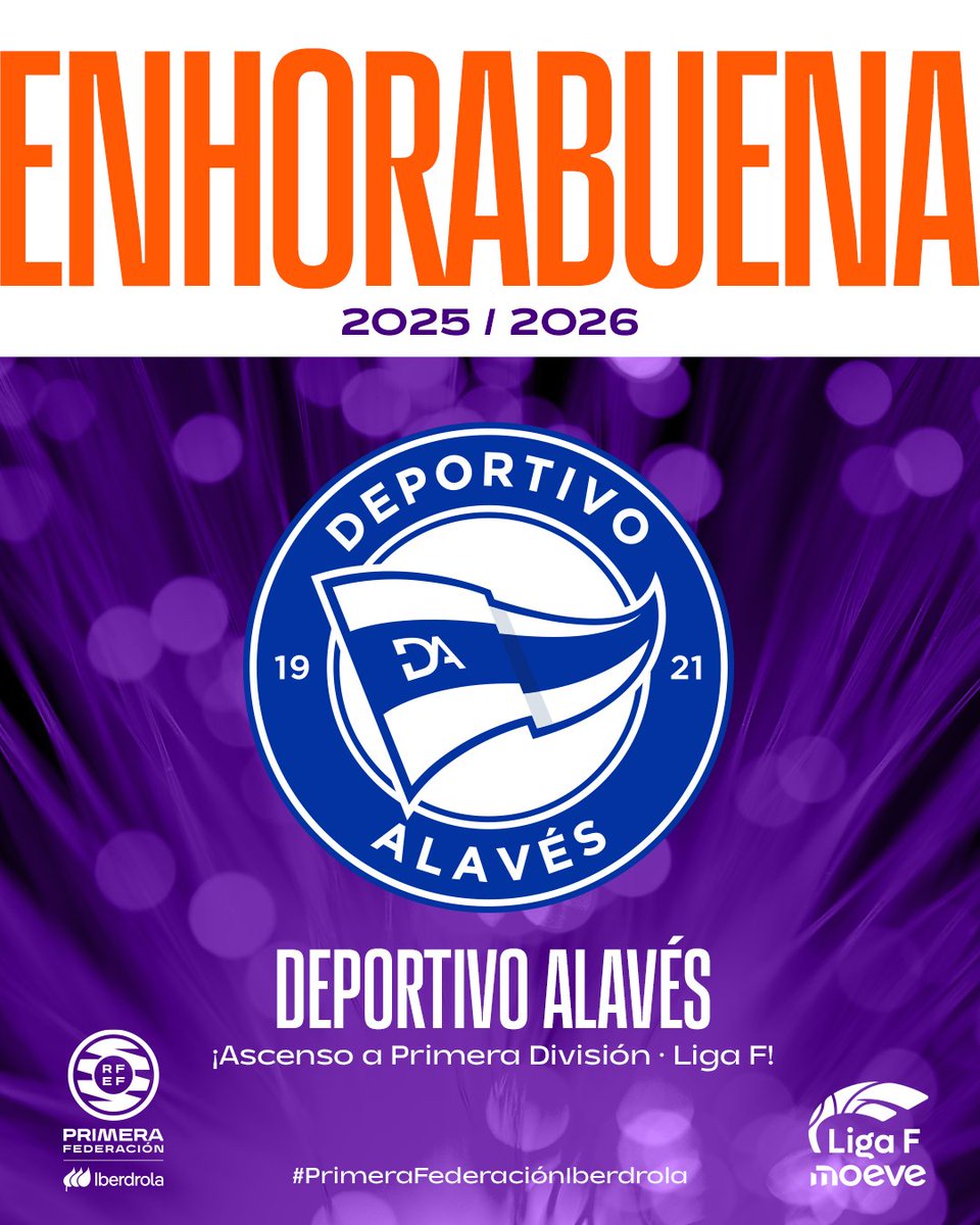 🔊 ¡Que se escuche bien! 🎶 ¡𝗘𝗹 𝗗𝗲𝗽𝗼𝗿𝘁𝗶𝘃𝗼 𝗔𝗹𝗮𝘃𝗲́𝘀 𝗱𝗲 𝗣𝗿𝗶𝗺𝗲𝗿𝗮 𝗲𝘀! 🎶

🏆 16 victorias.
➕ 52 puntos.
⤴️ La <a href="/LigaF_oficial/">Liga F</a> os espera.

👏🏻 ¡Enhorabuena <a href="/AlavesFem/">Deportivo Alavés Gloriosas</a>, el ascenso es vuestro!

ℹ️ rfef.es/es/noticias/el…

#FutFemRFEF |