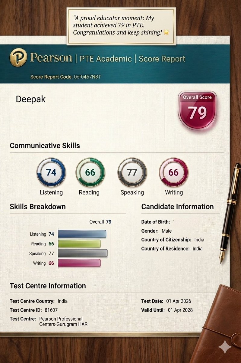 aibeducation2's tweet photo. Deepak achieved an overall score of 79 on his PTE Academic, showcasing balanced skills with listening (74), reading (66), speaking (77), and writing (66). Congratulations to our student . #PTEAcademic #ScoreReport #Deepak #Education" https://t.co/YYvnoxnxV7