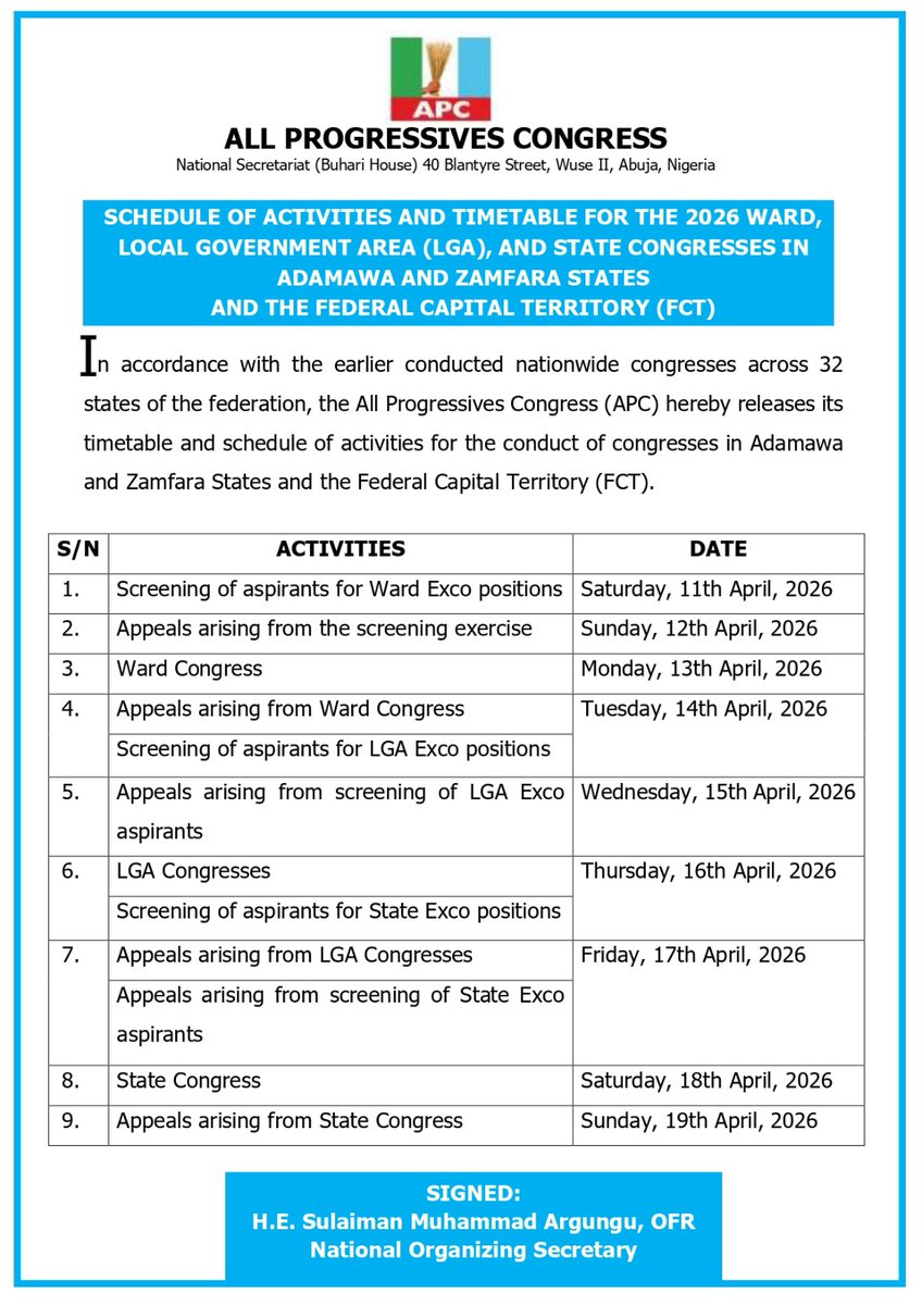 APC SCHEDULE OF ACTIVITIES AND TIMETABLE FOR THE 2026 WARD, LOCAL GOVERNMENT AREA (LGA), AND STATE CONGRESSES IN ADAMAWA AND ZAMFARA STATES AND THE FEDERAL CAPITAL TERRITORY (FCT)