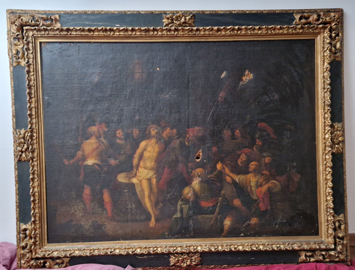 jcbuenoj's tweet photo. En estos días he entregado de mi última restauración: obra pictórica del siglo XIX "La Flagelación de Cristo" y marco barroco en oro fino de 22kt, de medidas 158x123cm.
Aquí presento foto anterior a la intervención y foto actual tras la #restauración.
#bellasartes 
#CofradíasMLG https://t.co/bZ4cGhM42x
