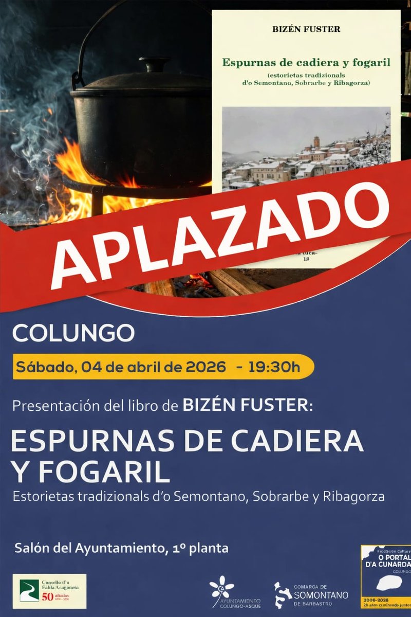 DaCunarda's tweet photo. 📢 AVISO IMPORTANTE
Lamentamos comunicar que, por motivos de última hora, queda aplazada la presentación del libro “Espurnas de cadiera y fogaril” prevista para hoy sábado.
Sentimos las molestias que pueda ocasionar.
Informaremos próximamente la nueva fecha del evento.
Gracias. https://t.co/cnjJdQTYox