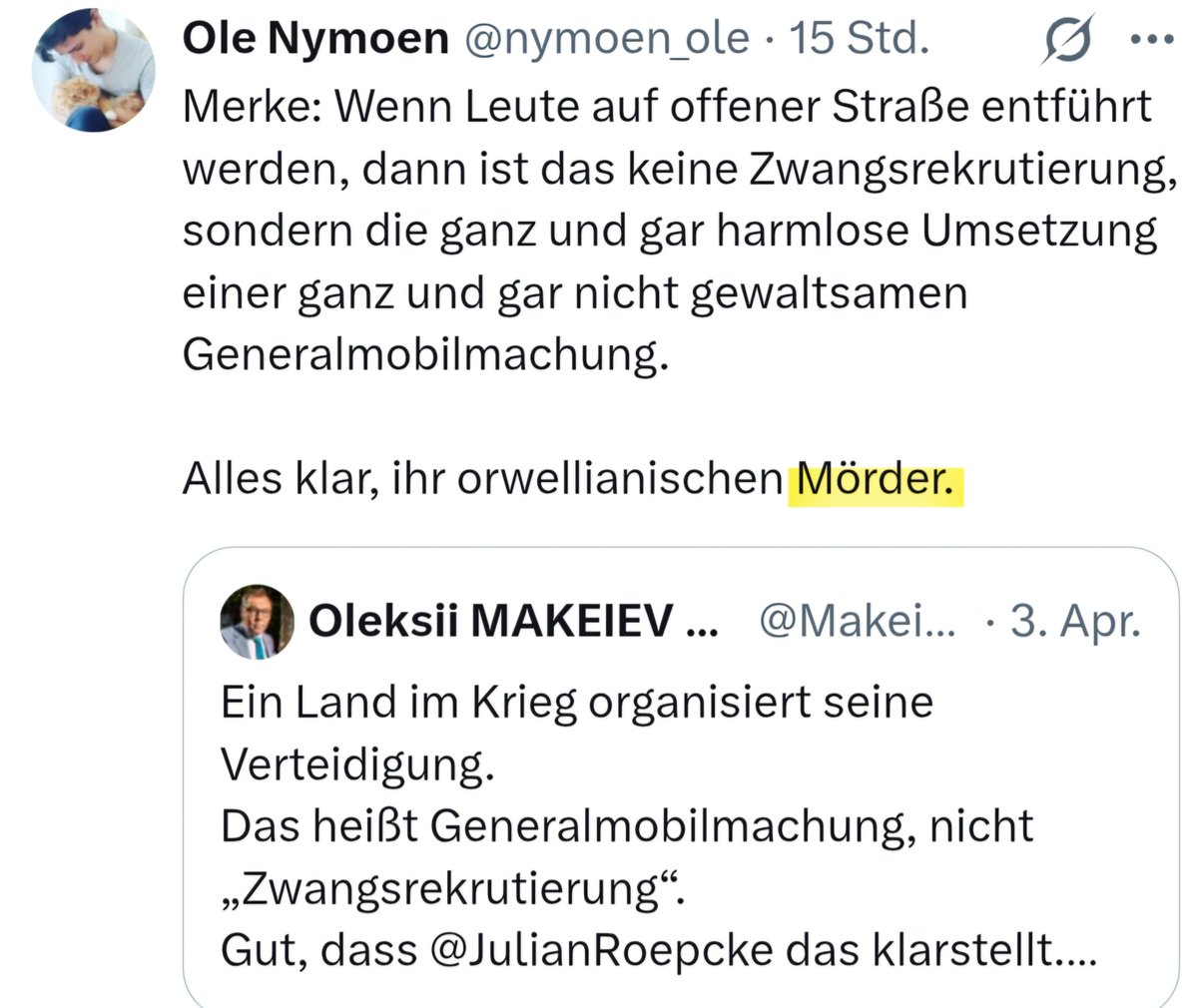 Ole Nymoen nennt den 🇺🇦 Botschafter <a href="/Makeiev/">Oleksii MAKEIEV 🇺🇦</a> einen "Mörder". Hat er den 🇷🇺 Botschafter, der wirklich für ein Mörderregime arbeitet, je so attackiert? Ich bezweifle es. (Aber in 🇷🇺 kann man ja auch so toll mit seinen Kumpels feiern, ne, <a href="/nymoen_ole/">Ole Nymoen</a>? 👇)
x.com/WagenWatch/sta…