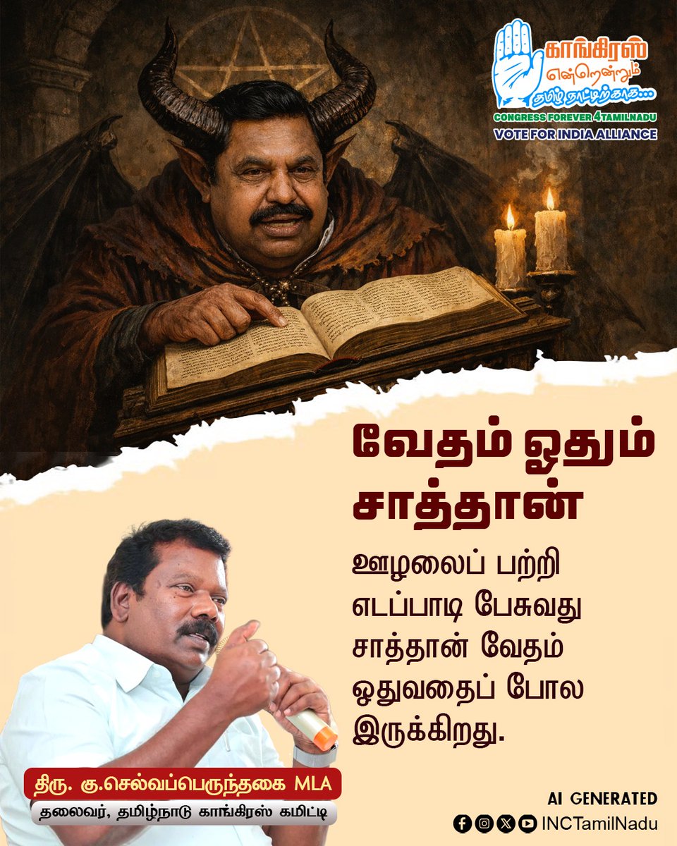 INCTamilNadu's tweet photo. ஊழலைப் பற்றி எடப்பாடி பேசுவது சாத்தான் வேதம் ஓதுவது போல இருக்கிறது.
திரு. @SPK_TNCC
தலைவர், தமிழ்நாடு காங்கிரஸ் கமிட்டி
#AdmkFail
#NDAFail
#Selvaperunthagai
#INCTamilNadu https://t.co/lboGEmC6hy