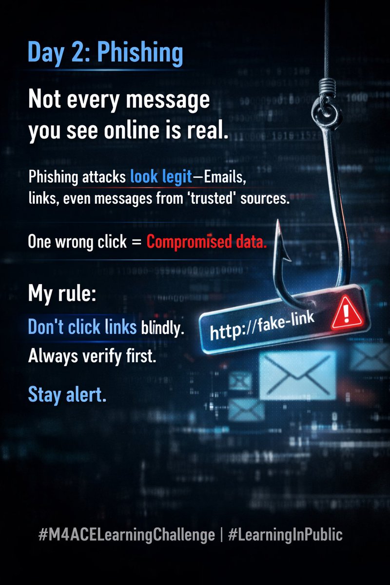 AJbooks123's tweet photo. Day 2: Phishing
Not every message you see online is real.
Phishing attacks are designed to look legit, emails, links, even messages from “trusted” sources.
One wrong click = compromised data.
My rule: Don’t click links blindly. Always verify first.
Stay alert.
#30dayslearning https://t.co/RdTSMFa48j