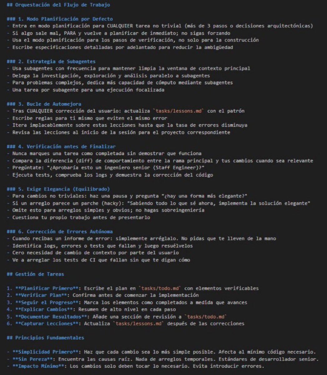El director de Claude Code compartió su flujo de trabajo.

Explica cómo planifica tareas complejas, dividir trabajo con subagentes, un sistema de mejora continua basado en errores y mucho más.

Aquí lo tienes para que lo guardes 🔖