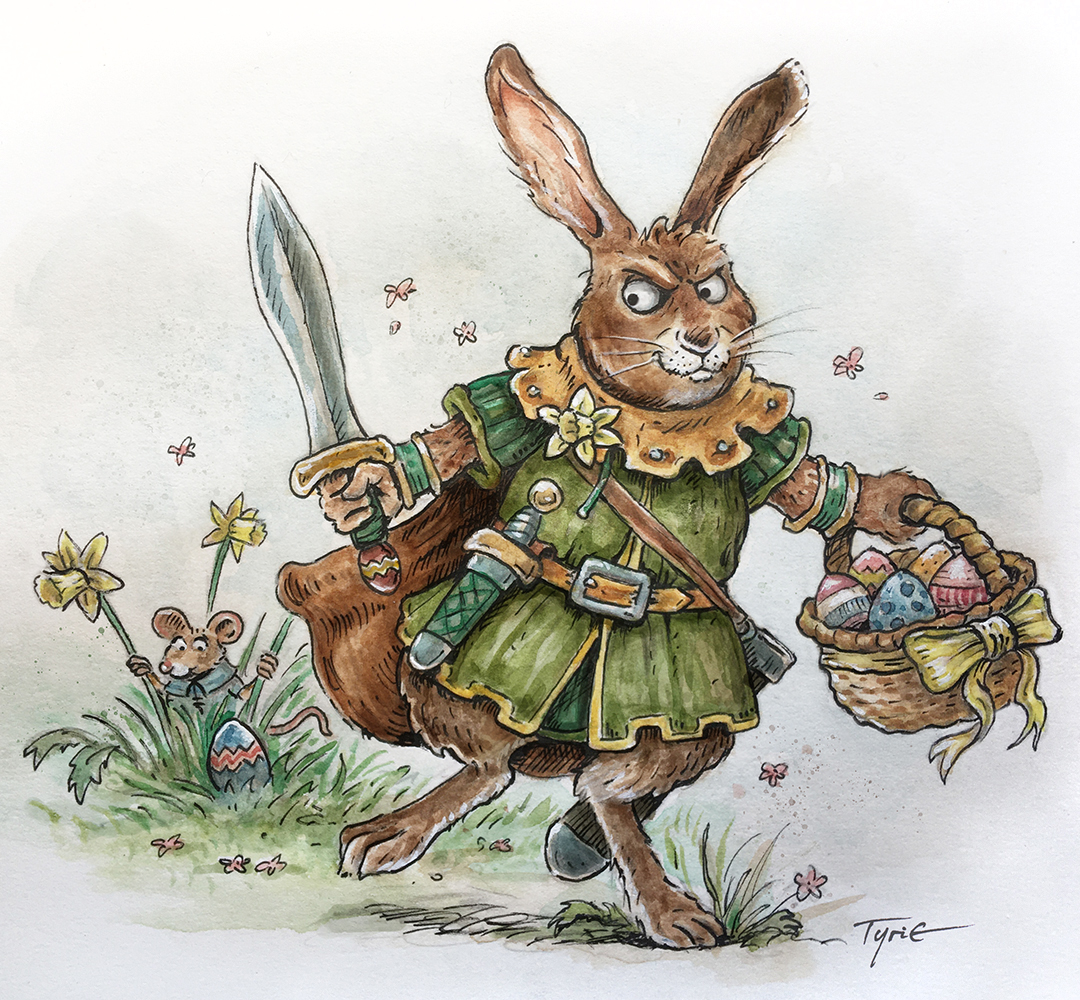 tyrie_art's tweet photo. As everyone knows, it is forbidden to sample the gifts from the Easter Bunny prior to the official start of the Egg Hunt. The Easter Bunny will enforce this rule robustly! 

#EasterBunny #Easter #illustration #fantasyart #BurrowsandBadgers https://t.co/bKnfXDGYPM