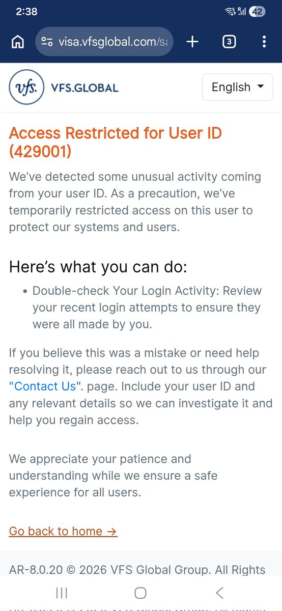 traffic_un35's tweet photo. @VFSGlobal @vfsglobalcare @IndianEmbRiyadh
Facing Access Restricted 429001 for passport renewal appointment in Riyadh Multiple IDs blocked despite following all steps Please help to resolve this technical issue
​U ID 429001
Location Riyadh KSA
#VFSGlobal #IndianEmbassy #Riyadh https://t.co/8jQy2SBXMf