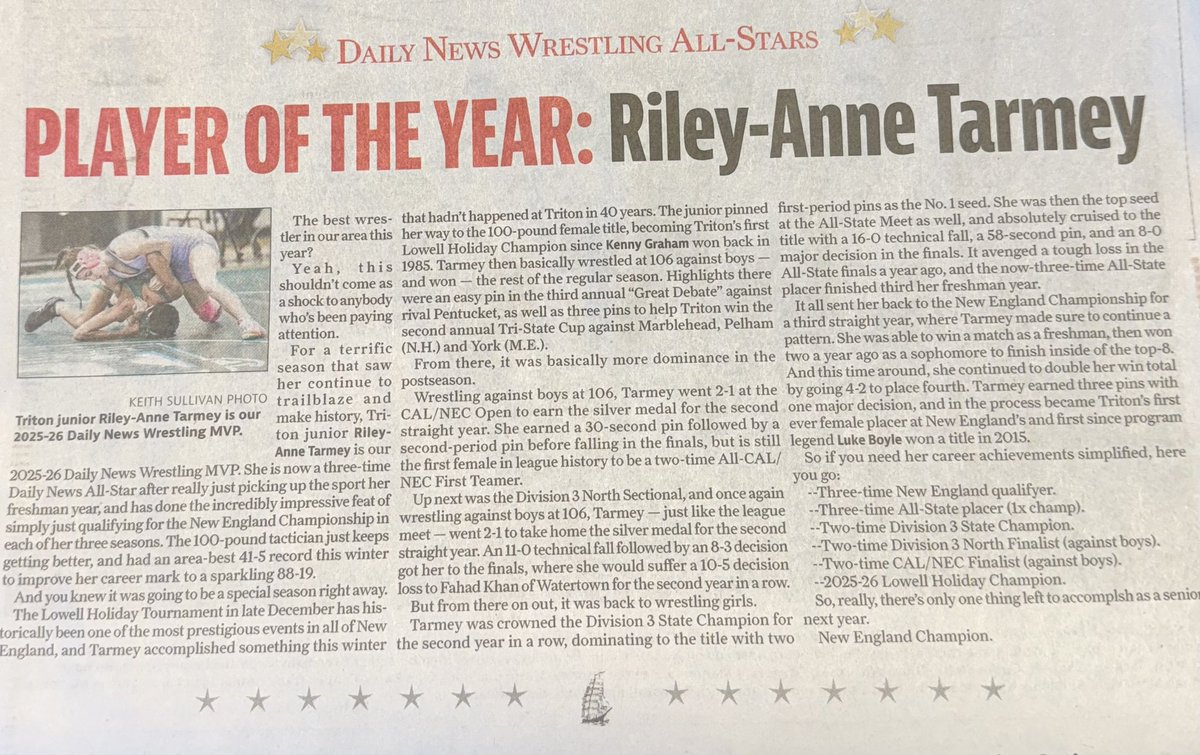 TritonRegional's tweet photo. A big congratulations to Riley-Anne Tarmey who was named the @newburyportnews Wrestling Player of the Year! All-stars incuded Jordan Ortiz, Ben Imlach, and Austin Scolamiero. Honorable Mention to Mike Haidaczuk, Foster Campbell, and James D’Amato. Great job everyone! https://t.co/CwxC47pJNW