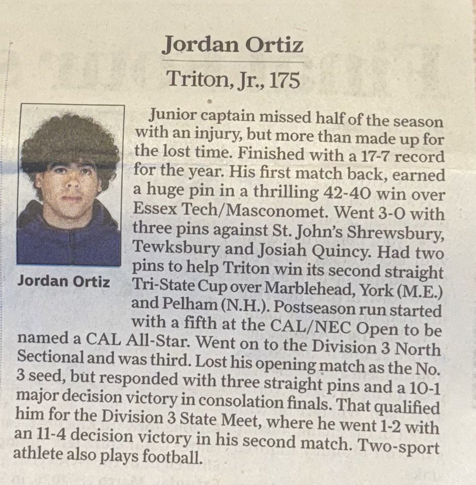 TritonRegional's tweet photo. A big congratulations to Riley-Anne Tarmey who was named the @newburyportnews Wrestling Player of the Year! All-stars incuded Jordan Ortiz, Ben Imlach, and Austin Scolamiero. Honorable Mention to Mike Haidaczuk, Foster Campbell, and James D’Amato. Great job everyone! https://t.co/CwxC47pJNW