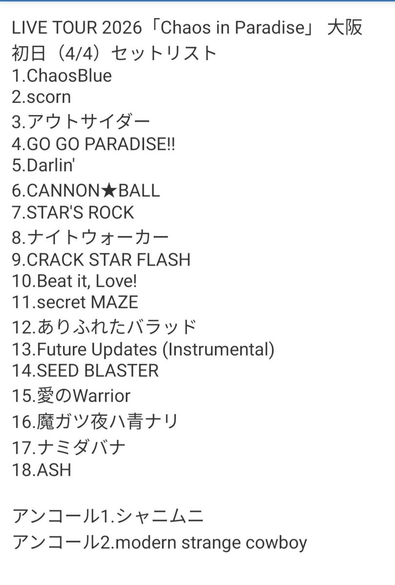 GRANRODEOツアー大阪（4/4）セトリ 攻めた良きセットリスト＼(^o
