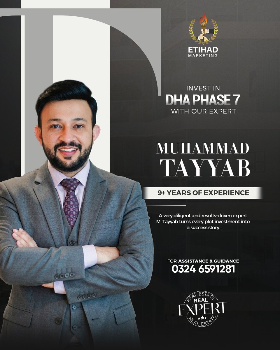 EtihadMKTG's tweet image. Invest with confidence in DHA Phase 7.

With 9+ years of experience, Muhammad Tayyab brings expertise, dedication, and results you can trust.
Turn your property investment into a success story today. 
.
For assistance &amp;amp; guidance:
0324-6591281
.
#DHAPhase7 #Investment #Realestate