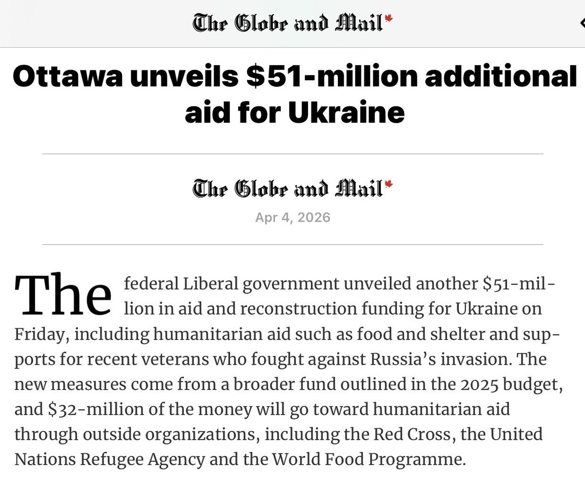 “The federal government has come up with almost $26-billion for Ukraine since Russia launched its invasion in 2022.”

The People's Party is the only party that opposed the war in Ukraine and the sending of military equipment and money to Ukraine.

WE MUST PUT CANADIANS FIRST NOT