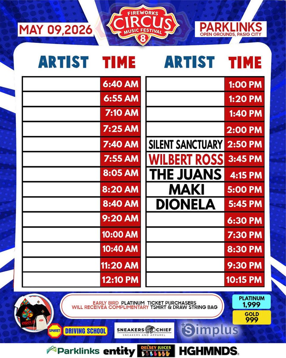 Sa mga pupunta ng Circus Music Festival, ito po schedule ni daaawd. 

📷 Circus Music Festival FB. 

#WilbertRoss