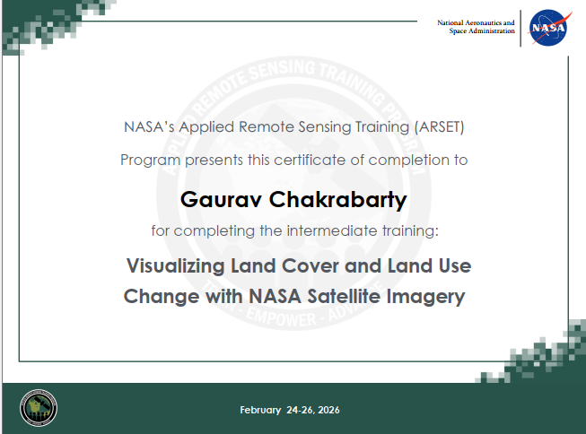 chakrabarty_g's tweet photo. Completed the webinar on-

Visualizing Land Cover and Land Use Change with NASA Satellite Imagery! 
#nasa #arset #LULC #R #rstudio #python https://t.co/VBKpLjtSZx