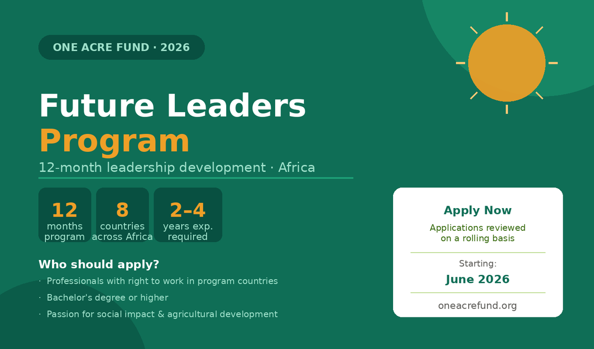albertkure's tweet photo. 🌱 @OneAcreFund's Future Leaders Program 2026 is open; a 12-month paid leadership experience across 8 African countries.

✅ 2–4 yrs experience
✅ Bachelor's degree+
✅ Must have right to work in a program country
✅ Starts June 2026

Link in reply 👇 https://t.co/vk8xJibvHh
