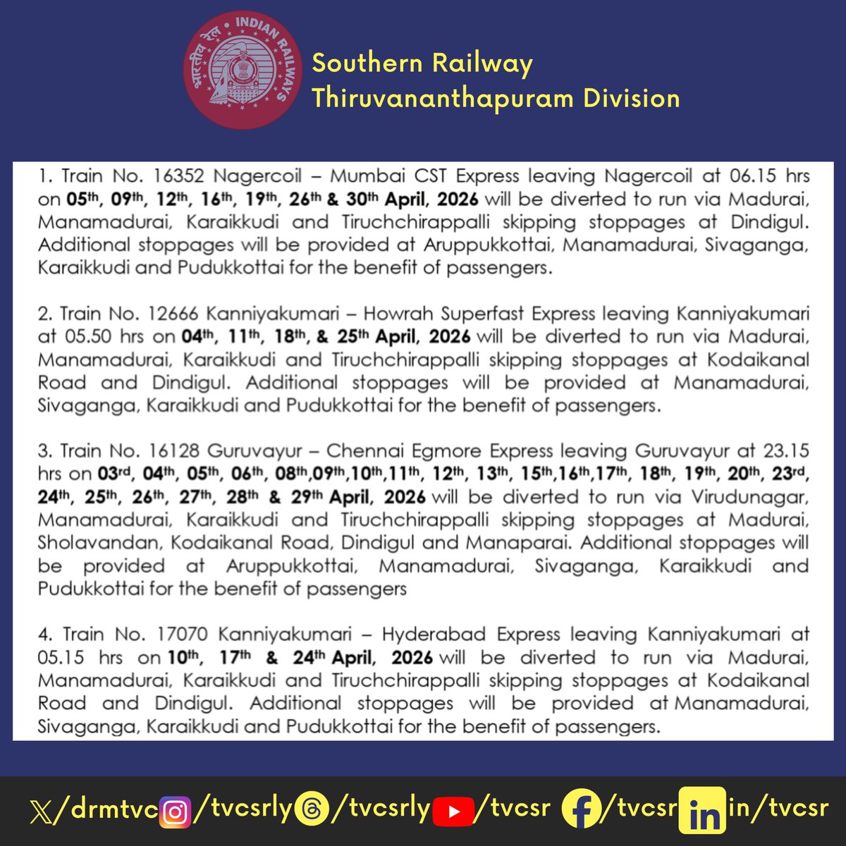 drm_tvc's tweet image. Diversion of Train Services!
Fixed Time Corridor Block for various safety and maintenance work has been approved in Madurai Division for the month of April, 2026, hence the following changes have been made in the pattern of train services.
#IndianRailways #SouthernRailway #TVCSR