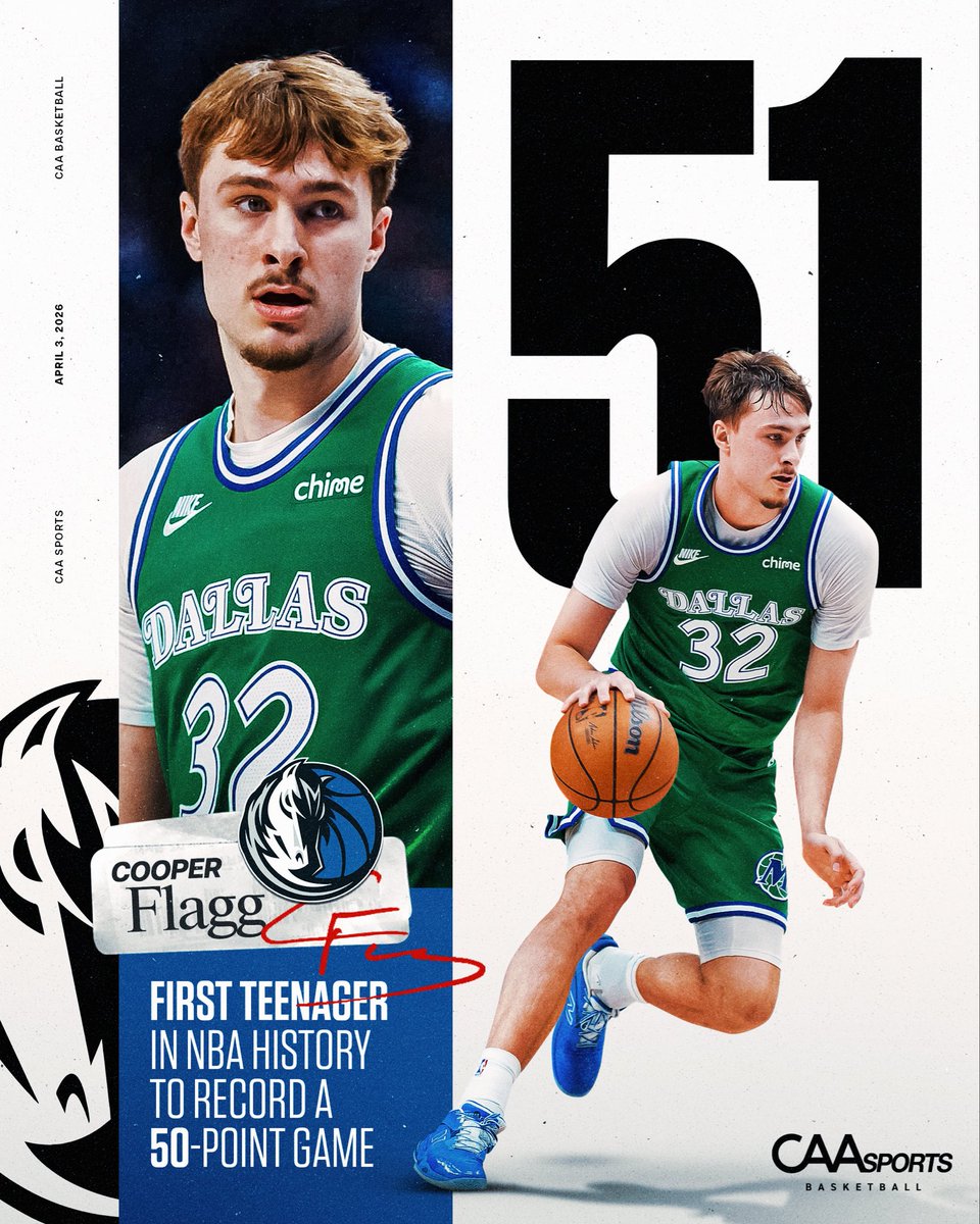 CAA_Basketball's tweet photo. Congratulations @Cooper_Flagg on becoming the first teenager in NBA history to record a 50-point game👏👏 https://t.co/ys0PvClHZI