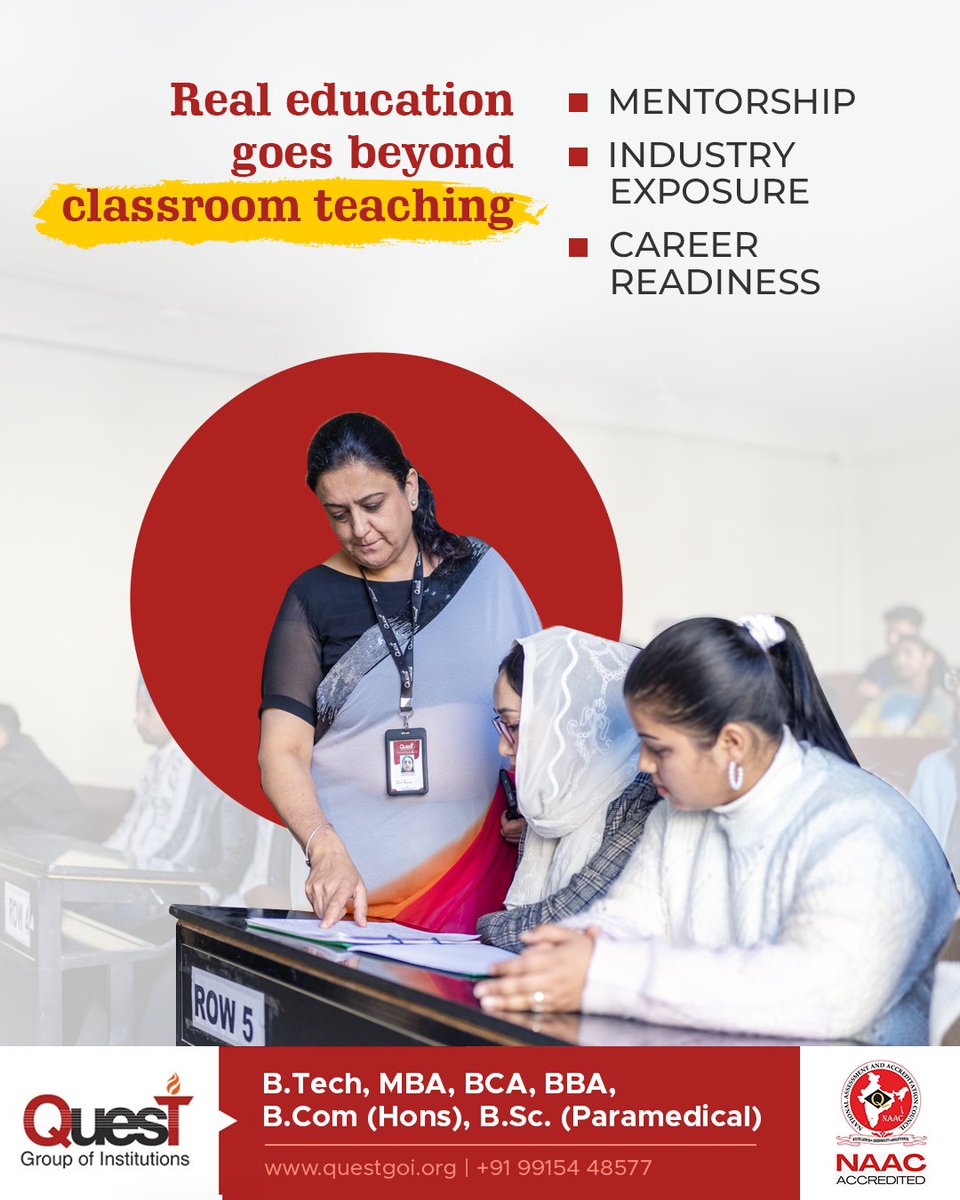 QuestMohali's tweet image. At QUEST Group of Institutions, learning goes beyond lectures and lesson plans.
Our faculty empower students with real-world perspectives, mentorship, and values that last a lifetime..
#QuestGOI #FacultyAtQuest #BeyondTheClassroom #LifelongLearning #QuestChandigarh