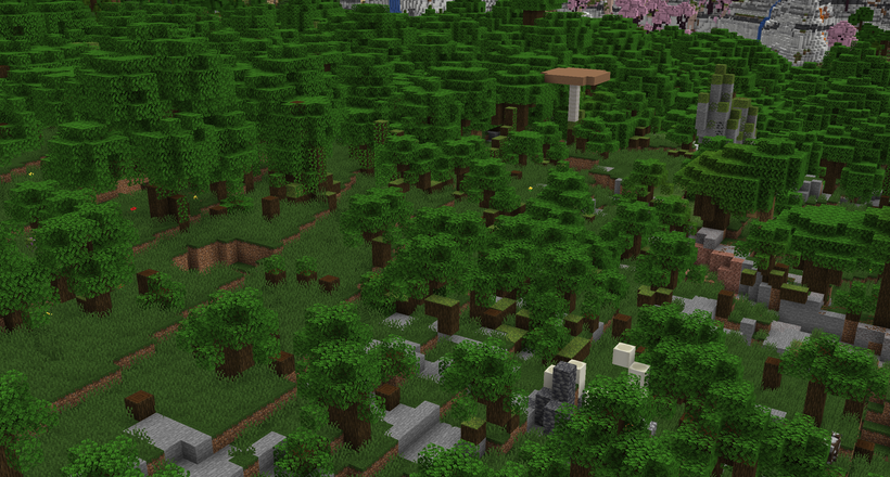McMeddon's tweet image. Also: Finished remaking the dark oak trees, so the Dark oak biome is now also fully subdivided into 5 new subareas. 

Going for  a lush mossy overgrown forest
#mc #minecraft #mapmaking