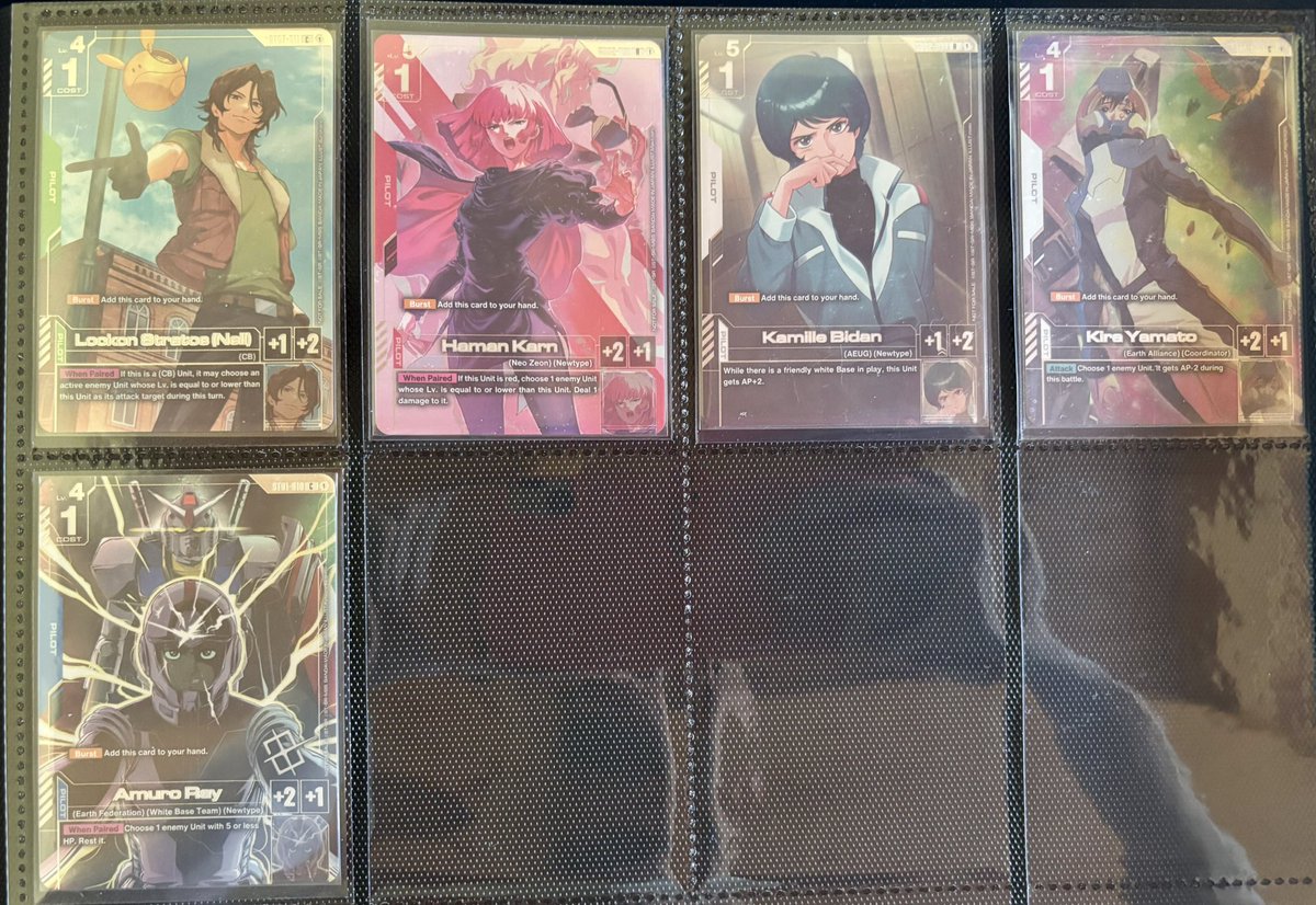 One more pilot to the collection!!
I started to play a bit late so i couldnt win Sulleta promo 🥲

I can buy it but the thing is try to win every newtype (i got the gundams on another album🤣). I just like the pilot cards