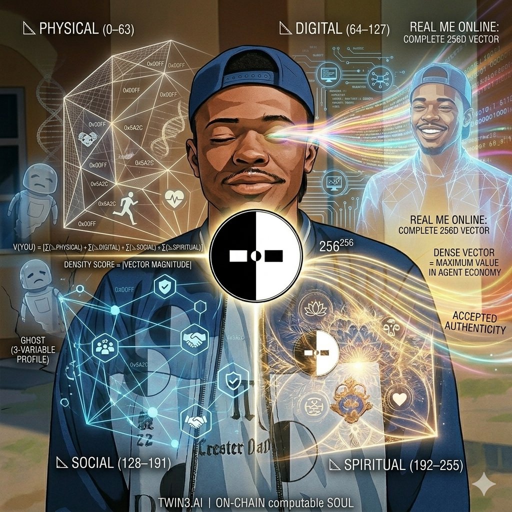 Your identity is not a username.

It is not a profile picture.

It is not a wallet address.

It is a function, and most systems are only reading 3 variables of it.

Here is what <a href="/twin3_ai/">twin3.ai</a> actually built:

V(you) = [x₁, x₂, x₃, ... x₂₅₆]

A 256-dimensional identity vector,
