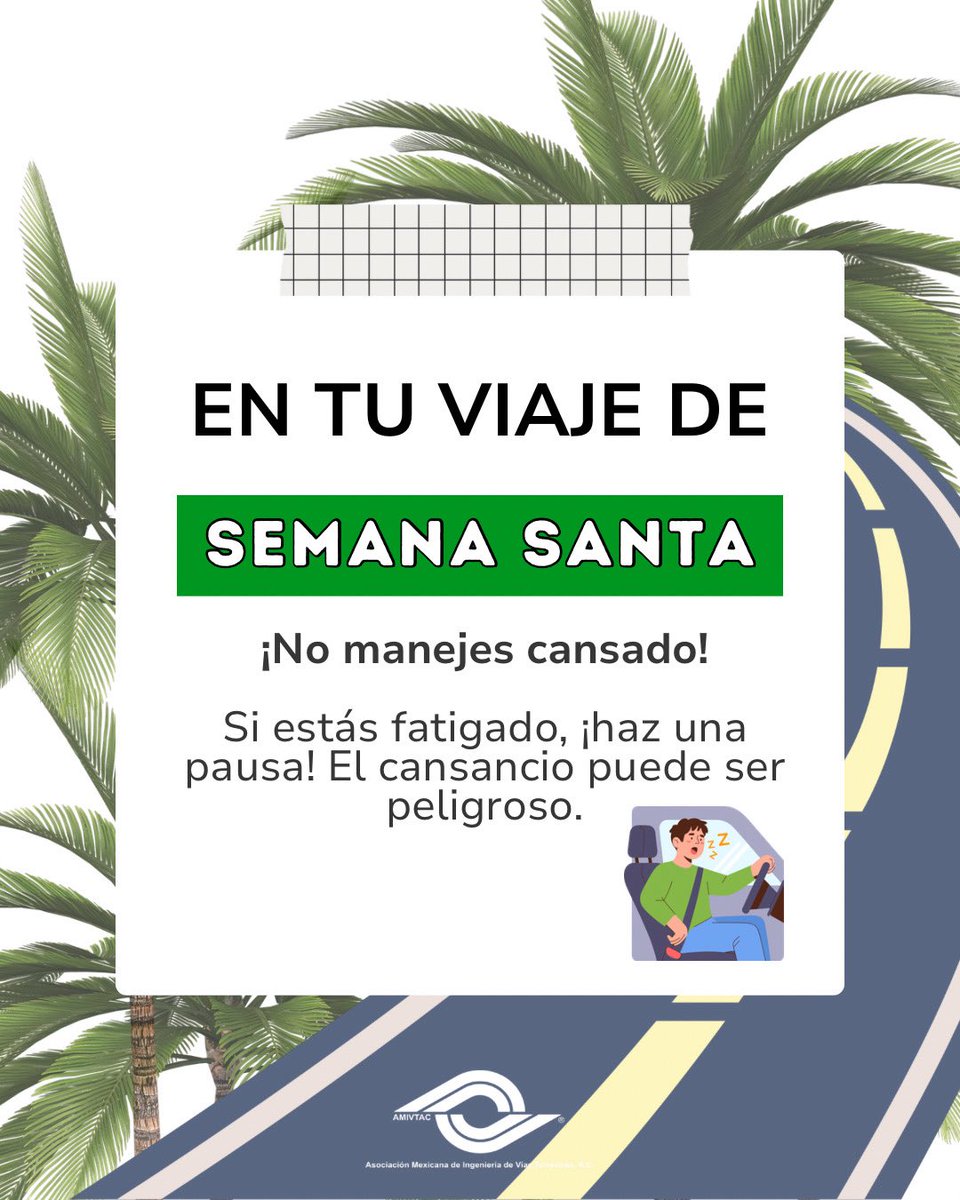 AMIVTACmx's tweet photo. El cansancio al volante también es un riesgo. ⚠️
Si te sientes fatigado, detente, descansa y continúa tu viaje con seguridad.

#ViajaSeguro #SemanaSanta #SeguridadEnCarretera #AMIVTAC https://t.co/BsBcrK3Y1q