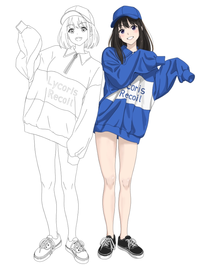 #イラスト 
#リコリス・リコイル 
#リコリコ   

ちさたき  

ちさと線画終了

たきな彩色終了

うむ、良い感じ(^^)

次、ちさと彩色～