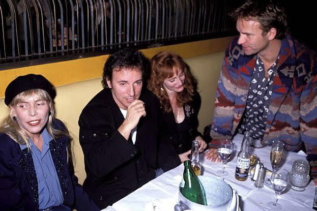 joniarchive's tweet image. joni mitchell, bruce springsteen, patti scialfa and sting hang out at a post-concert party, 1991