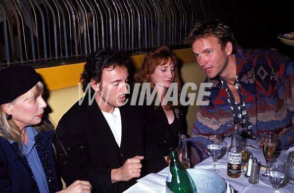 joniarchive's tweet image. joni mitchell, bruce springsteen, patti scialfa and sting hang out at a post-concert party, 1991