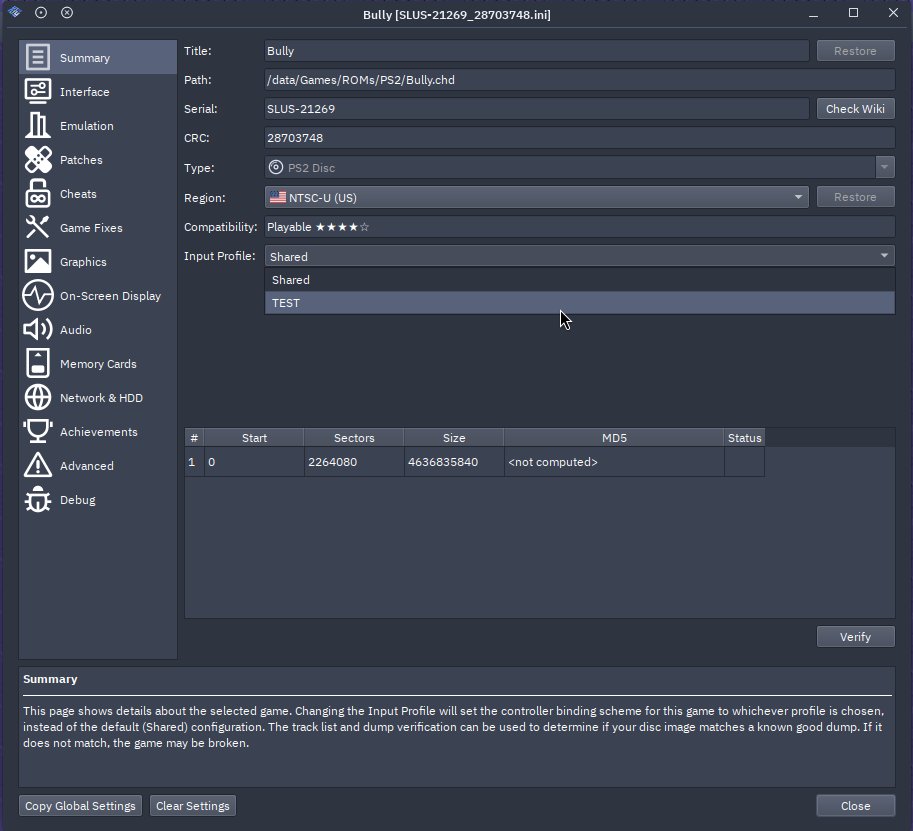 PCSX2's tweet photo. @Acai28 Custom controller profiles is already a thing on the current PCSX2. You will first need to create a profile (Bottom left on the global controller settings) and then you will need to apply it to the game that you want via the per-game settings. https://t.co/GltpLs8mZT