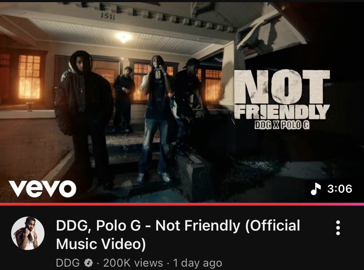 ykbjaden's tweet photo. Massive Newssss!!!🔥

DDG’s new song Ft POLO G 
“NOT FRIENDLY” hits 200k views on YouTube in 24hrs😳🔥🔥

It’s usss❤️🪖🪖 #NOTFRIENDLY https://t.co/sNN8j5XaVC